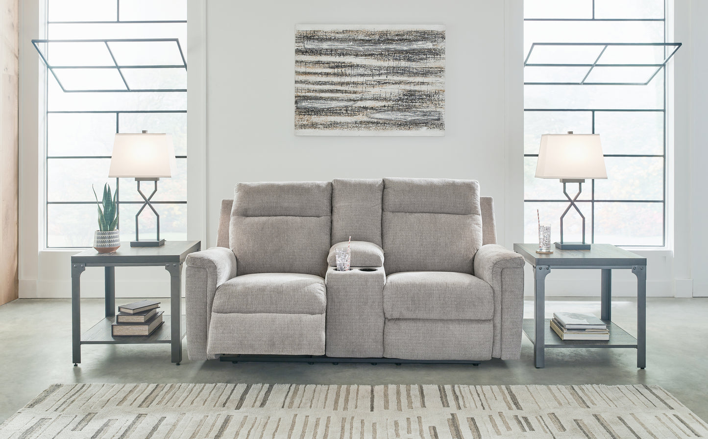 Auburndale Furniture Outlet - Ashley Furniture - Barnsana Living Room - DBL REC PWR Loveseat w/Console / Ash - 3320196
