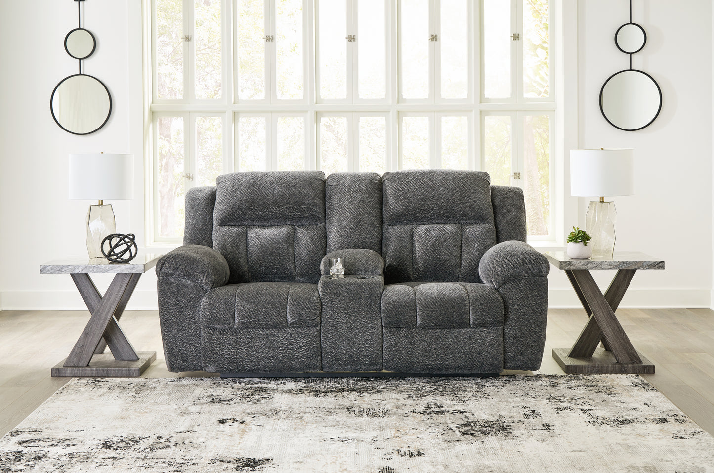 Auburndale Furniture Outlet - Ashley Furniture - Frohn Living Room - DBL Rec Loveseat w/Console / Graphite - 3740694