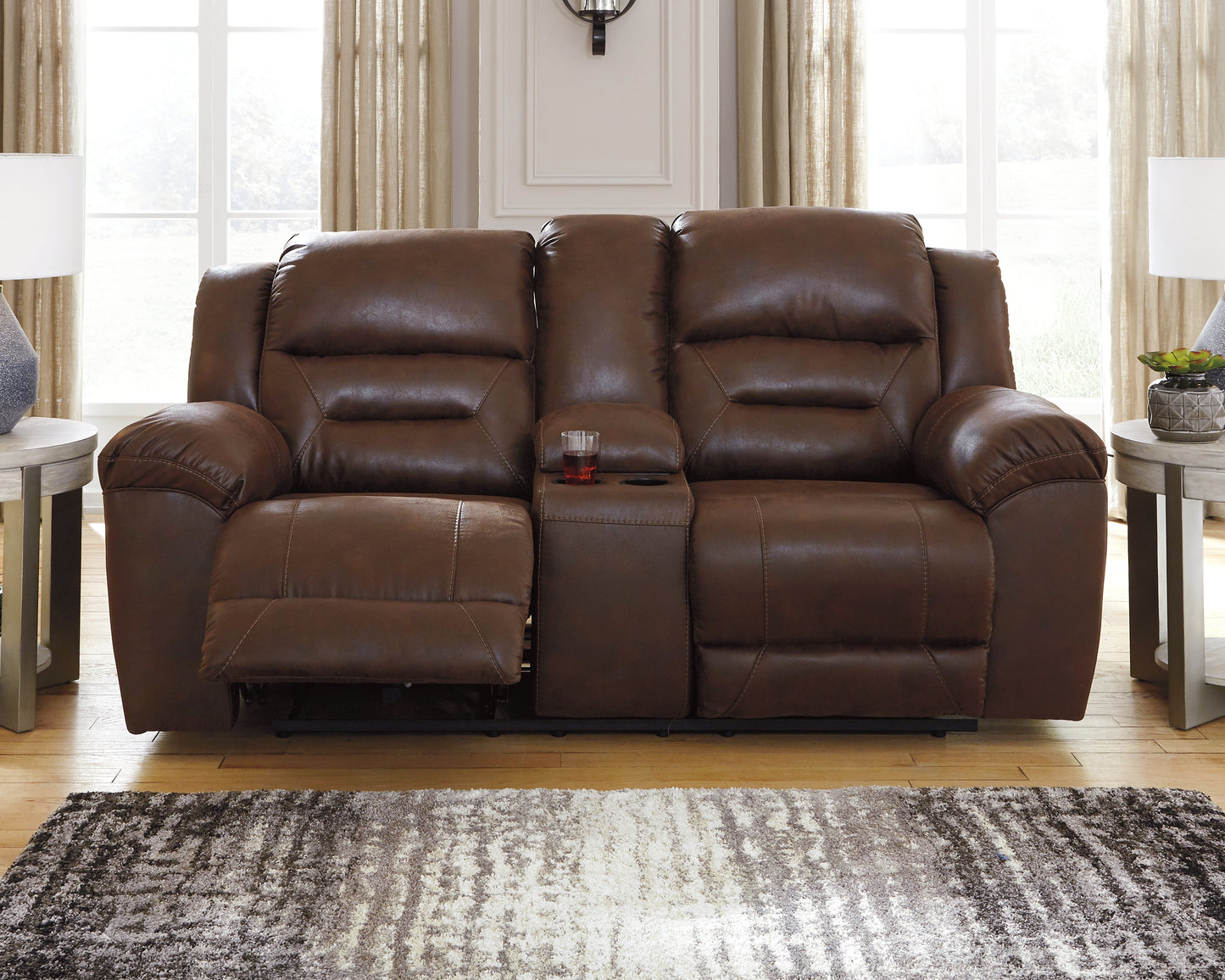 Auburndale Furniture Outlet - Ashley Furniture - Stoneland Living Room - DBL Rec Loveseat w/Console / Chocolate - 3990494