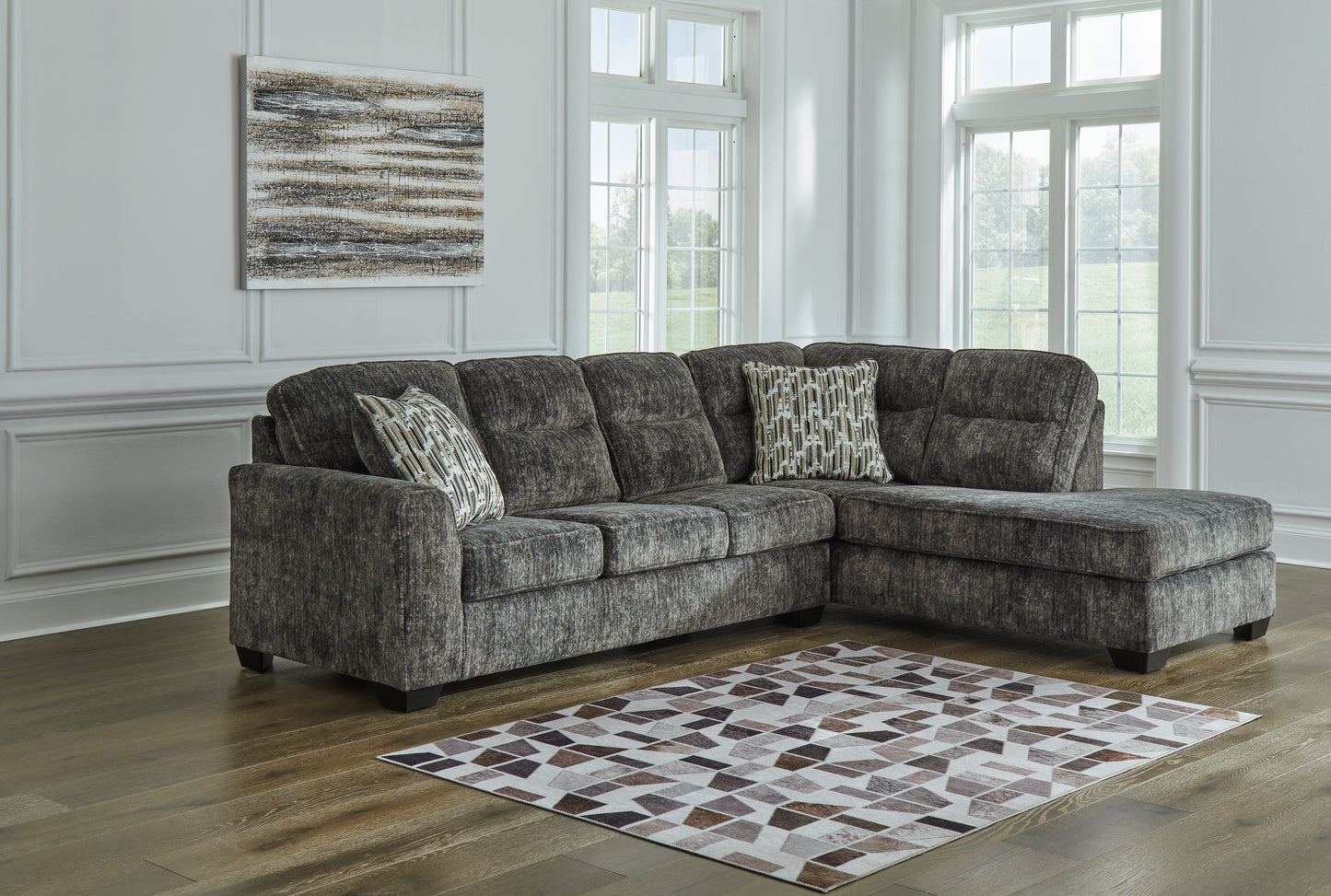 Auburndale Furniture Outlet - Ashley Furniture - Lonoke Sectional - RAF 2-Piece Sectional with Chaise / Gunmetal - 50504S1