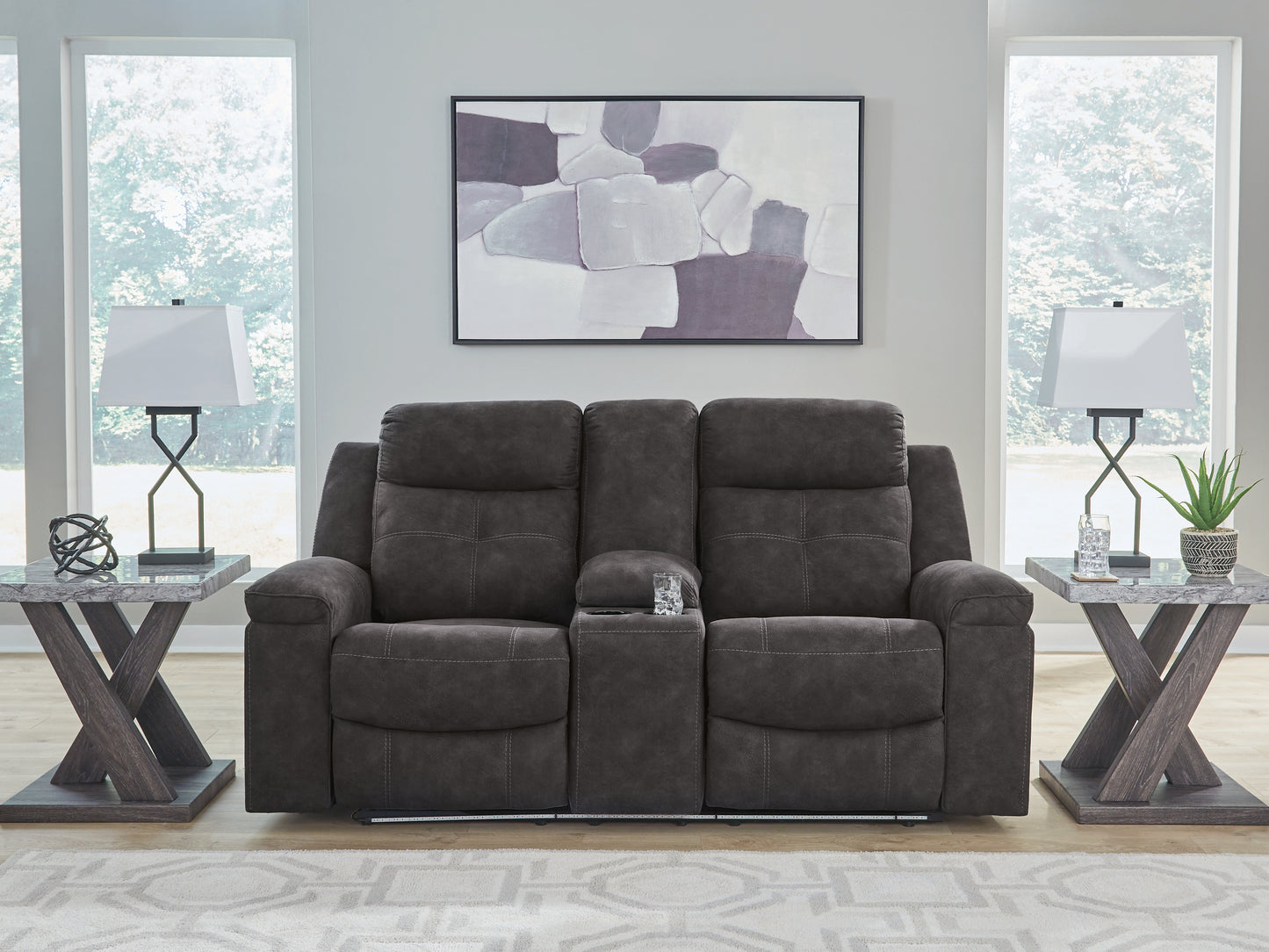 Auburndale Furniture Outlet - Ashley Furniture - Brysonview Living Room - DBL Rec Loveseat w/Console / Charcoal - 6360594