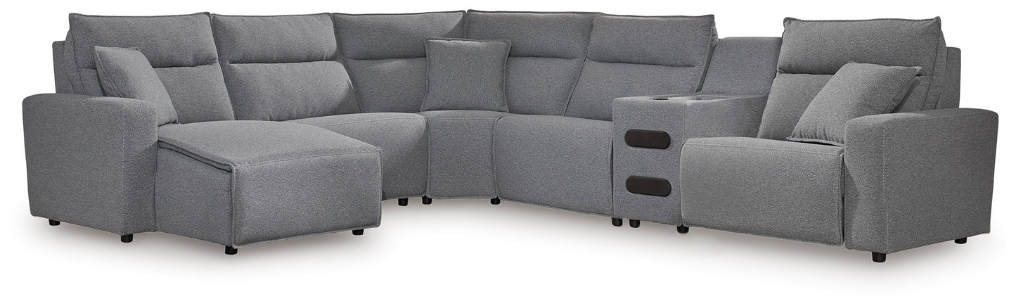Auburndale Furniture Outlet - Ashley Furniture - ModMax II Sectional - 6-Piece Reclining Sectional with Chaise and Audio Console / Salt and Pepper - 65906S29