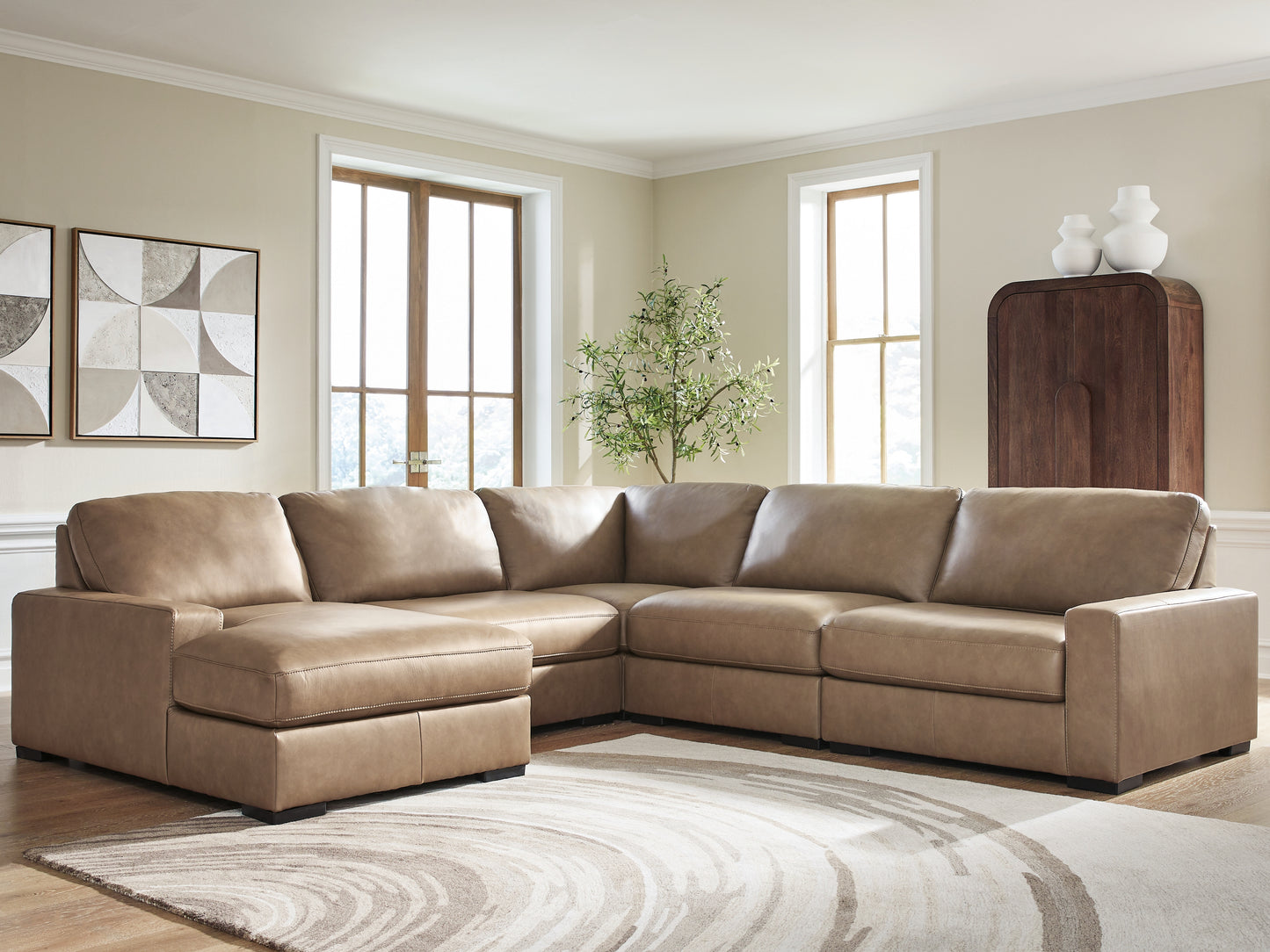 Auburndale Furniture Outlet - Ashley Furniture - Veronella Sectional - RAF 5-Piece Sectional with Chaise / Sahara - 76106S12