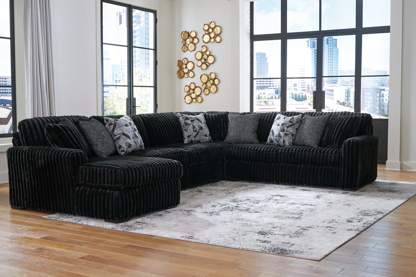 Auburndale Furniture Outlet - Ashley Furniture - Midnight-Madness Sectional - RAF 4-Piece Sectional with Chaise / Onyx - 98103S4