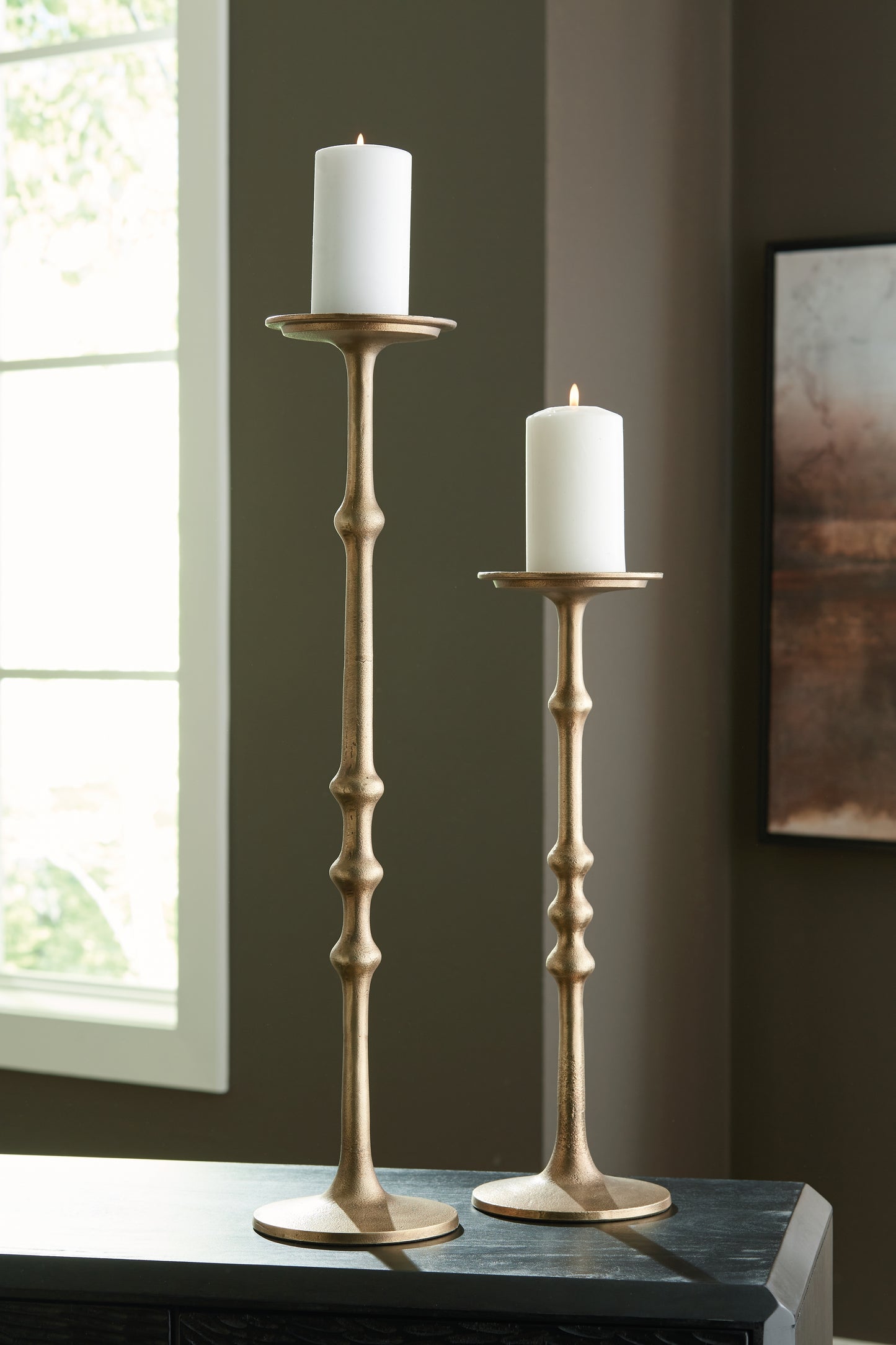 Auburndale Furniture Outlet - Ashley Furniture - Larwick Candle Holder - Candle Holder Set (Set of 2) / Antique Brass Finish - A2000683