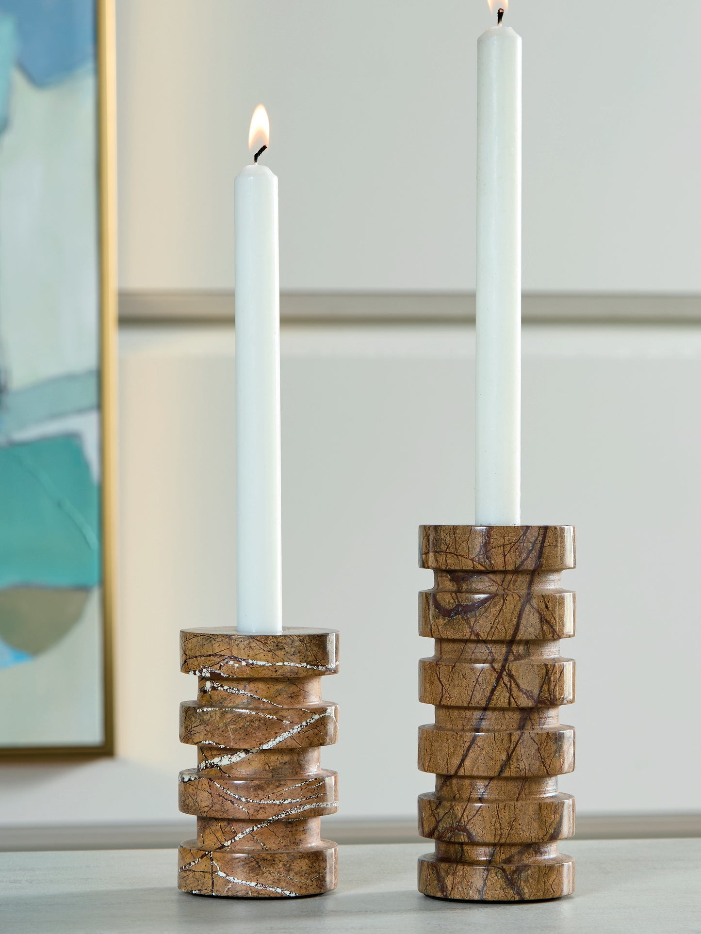 Auburndale Furniture Outlet - Ashley Furniture - Emsleyfield Candle Holder - Candle Holder Set (Set of 2) / Tan - A2000735