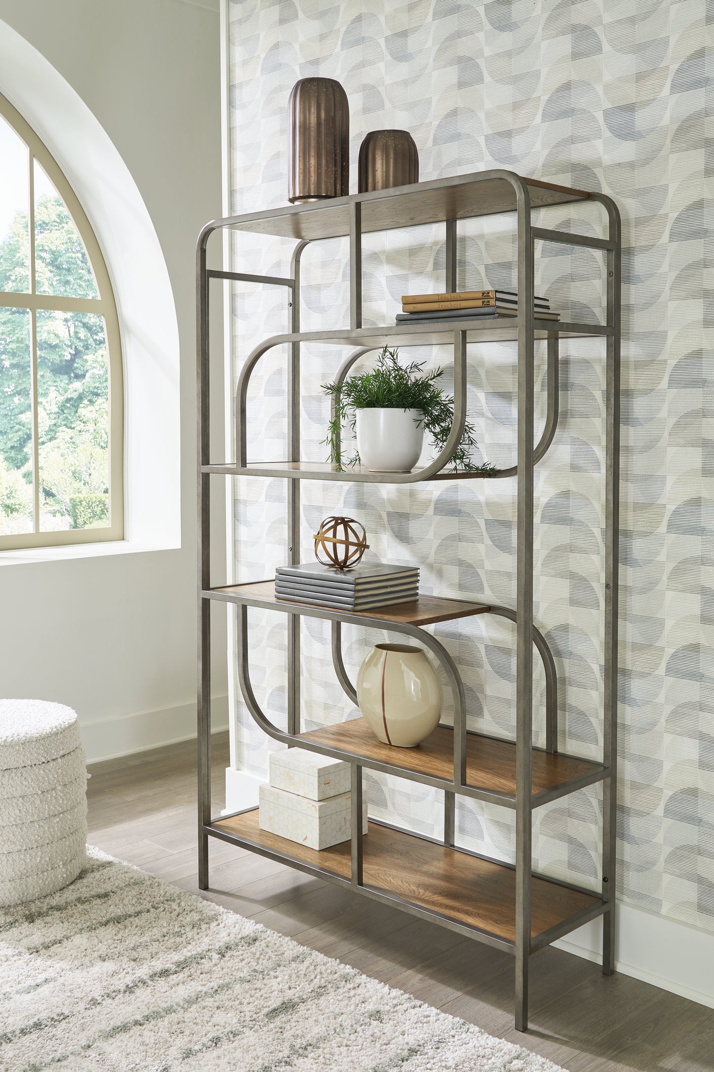 Auburndale Furniture Outlet - Ashley Furniture - Jaddon Bookcase - Bookcase / Brown/Antique Silver - A4000587