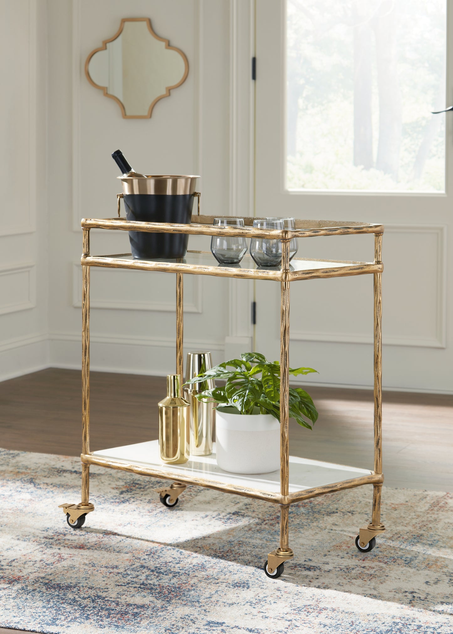 Auburndale Furniture Outlet - Ashley Furniture - Plattfield Bar Cart - Bar Cart / Antique Gold Finish - A4000625