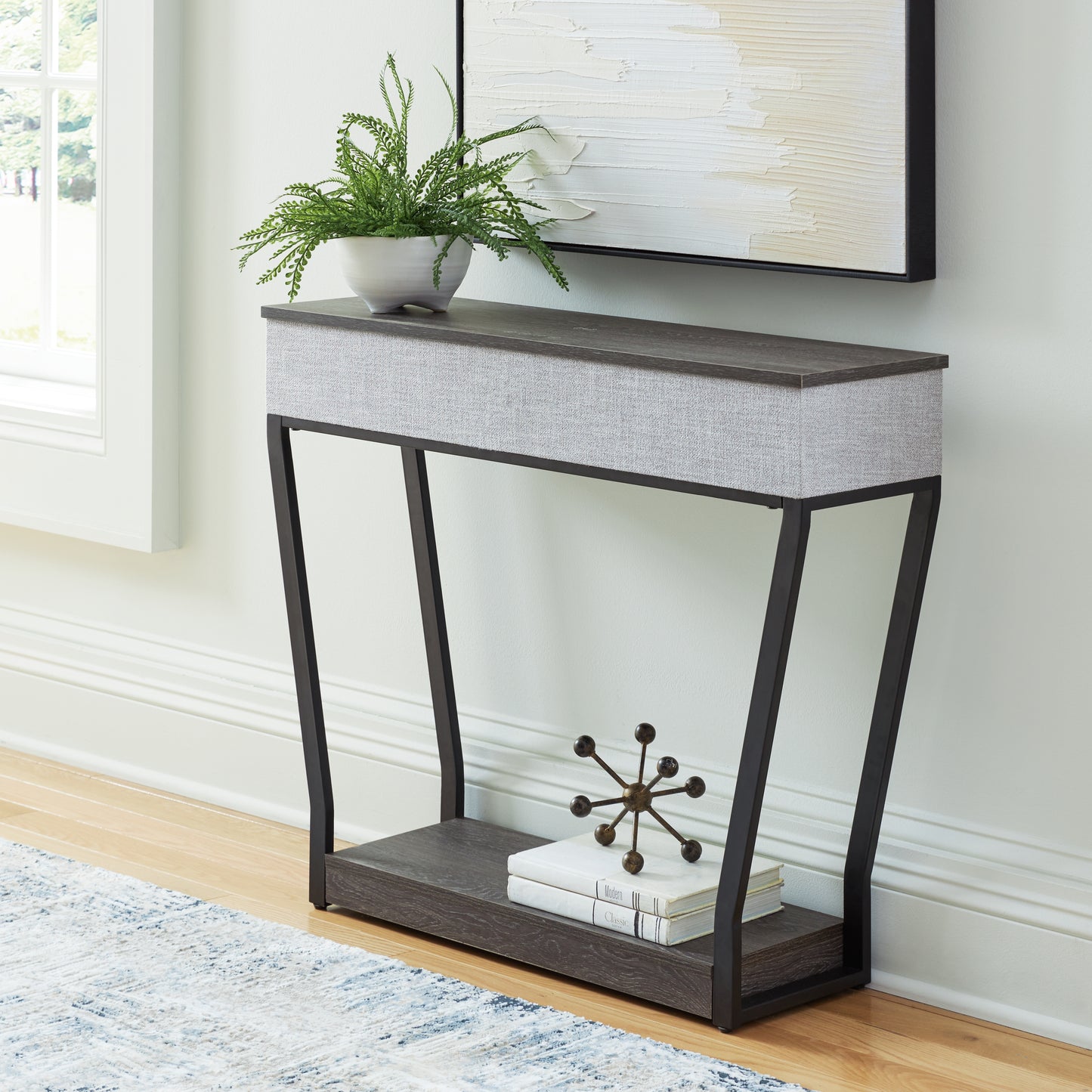 Auburndale Furniture Outlet - Ashley Furniture - Sethlen Console Sofa Table with Speaker - Console Sofa Table w/Speaker / Gray/Black - A4000640