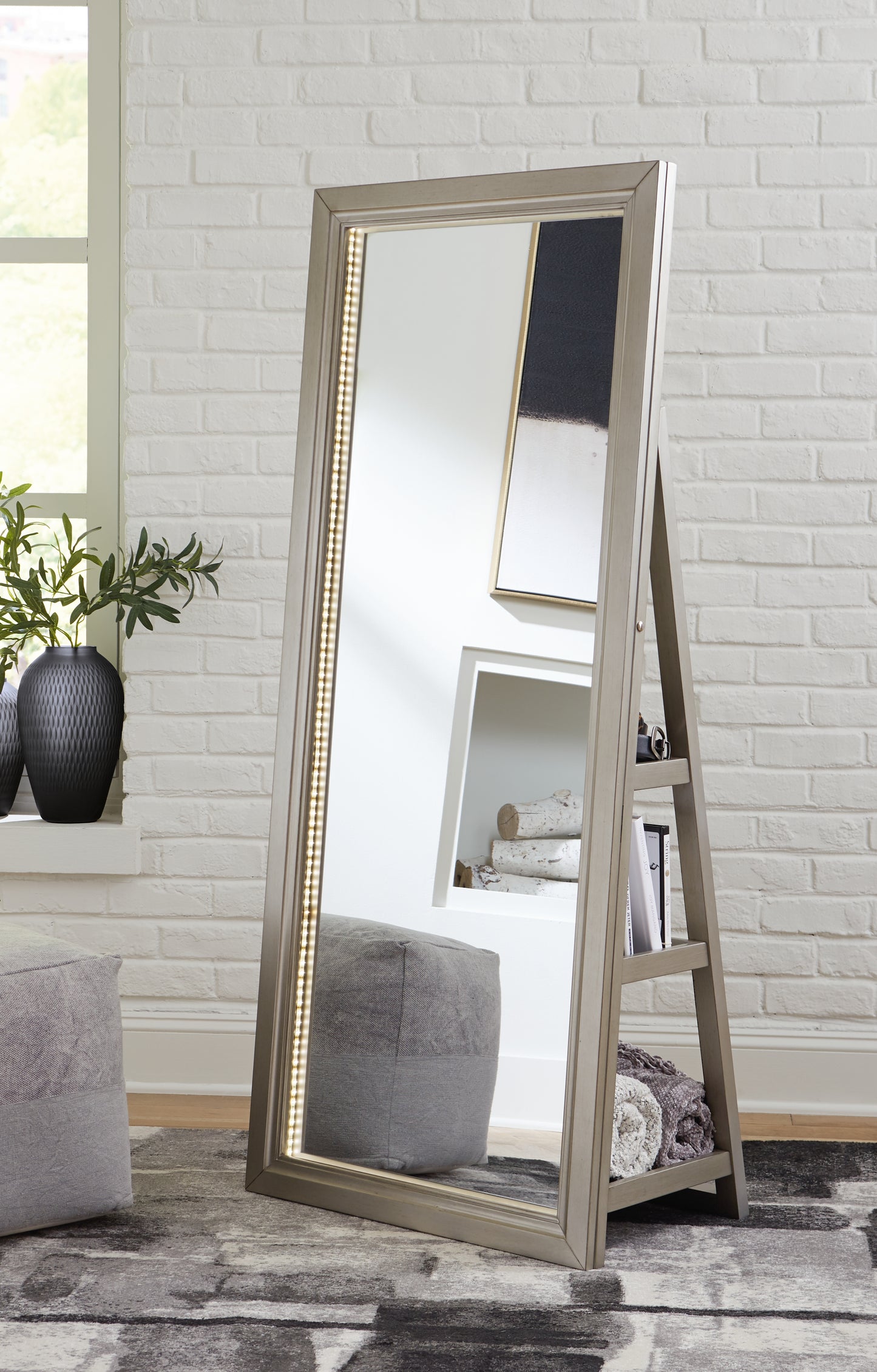 Auburndale Furniture Outlet - Ashley Furniture - Evesen Mirror - Floor Standing Mirror/Storage / White - A8010383