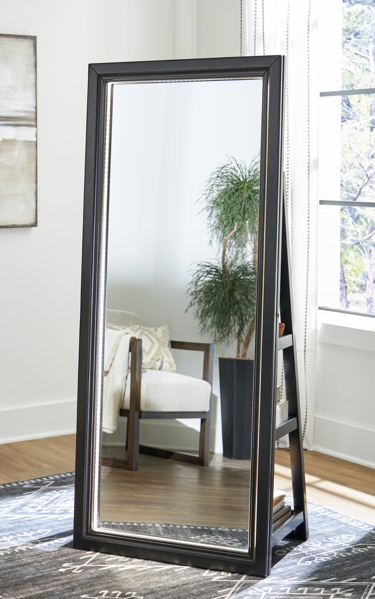 Auburndale Furniture Outlet - Ashley Furniture - Evesen Mirror - Floor Standing Mirror/Storage / Black - A8010384