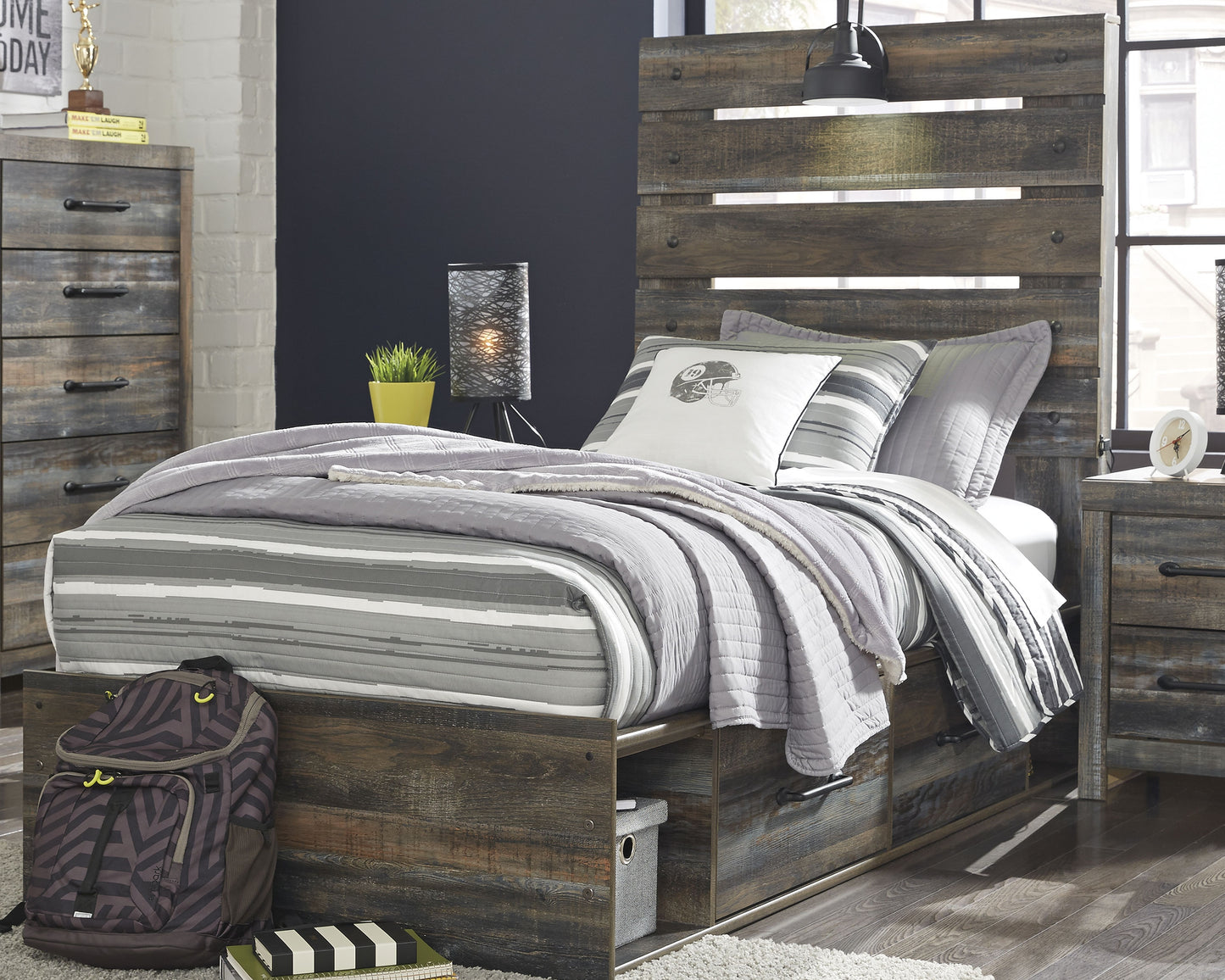 Auburndale Furniture Outlet - Ashley Furniture - Drystan Bedroom - Twin Panel Bed with 4 Storage Drawers / Multi - B211B11