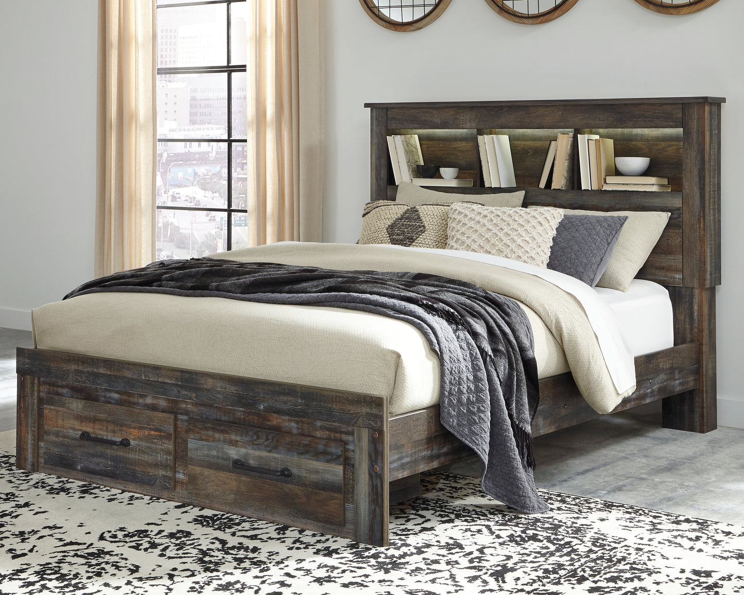Auburndale Furniture Outlet - Ashley Furniture - Drystan Bedroom - Queen Bookcase Bed with 2 Storage Drawers / Multi - B211B23