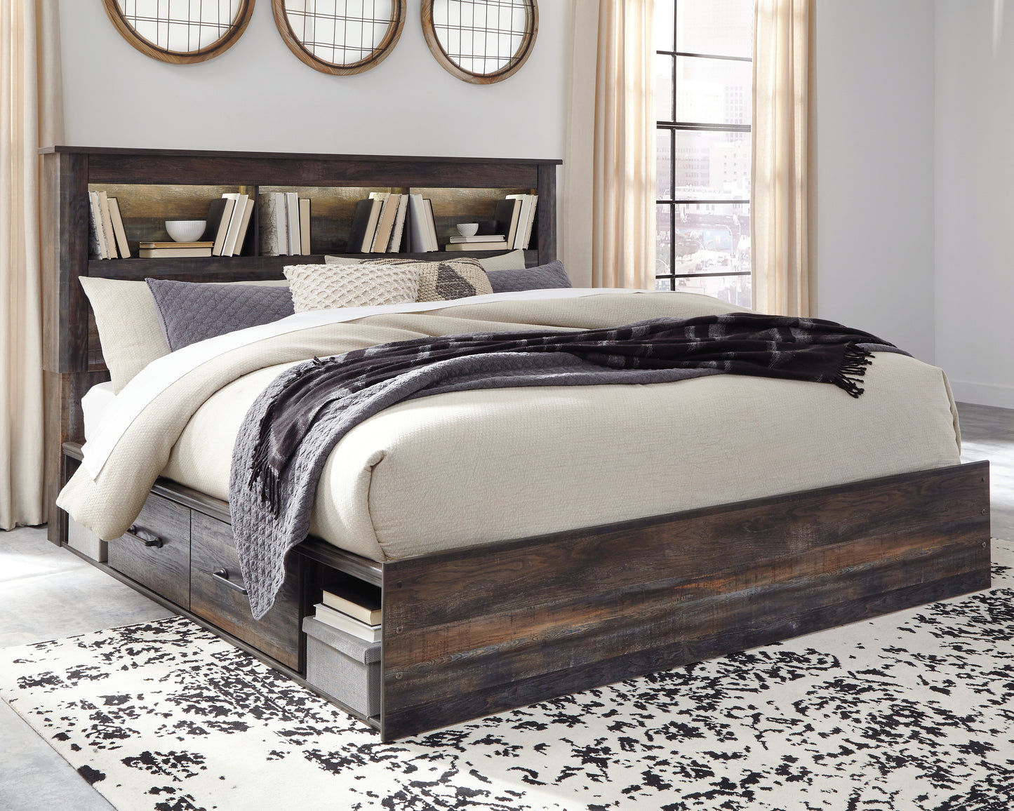 Auburndale Furniture Outlet - Ashley Furniture - Drystan Bedroom - King Bookcase Bed with 4 Storage Drawers / Multi - B211B52