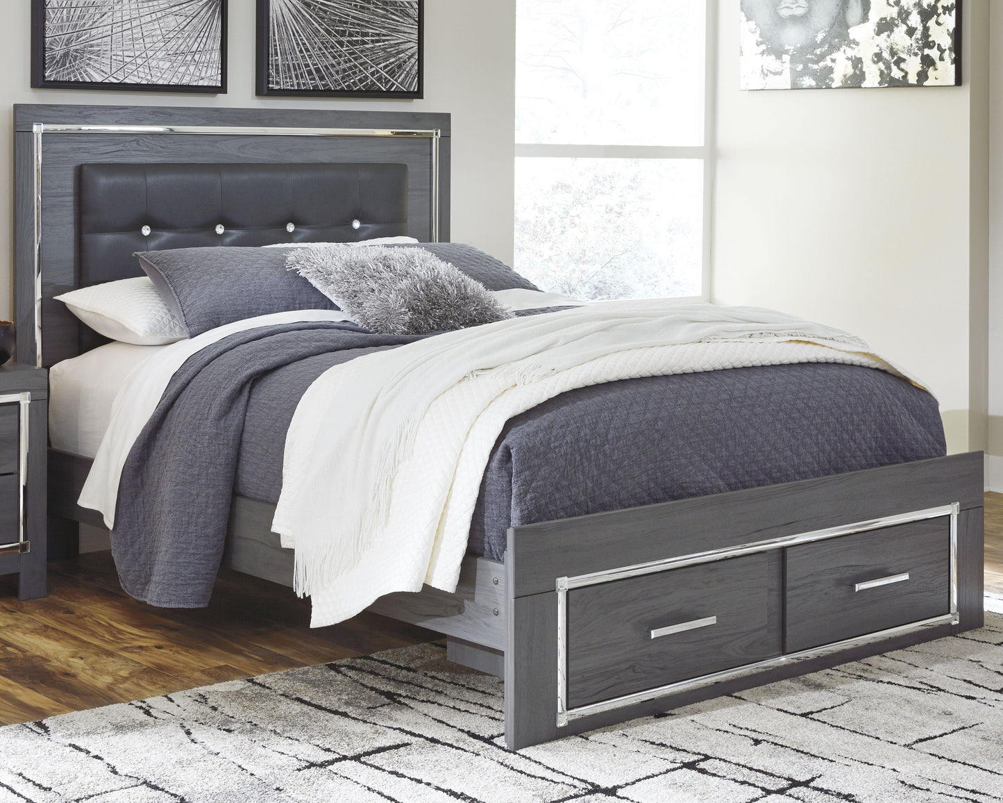 Auburndale Furniture Outlet - Ashley Furniture - Lodanna Bedroom - Queen Panel Bed with 2 Storage Drawers / Gray - B214B3
