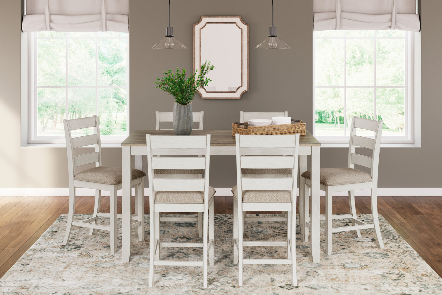 Auburndale Furniture Outlet - Ashley Furniture - Skempton Dining Room - RECT DRM Counter TBL Set(7/CN) / White/Light Brown - D394-423