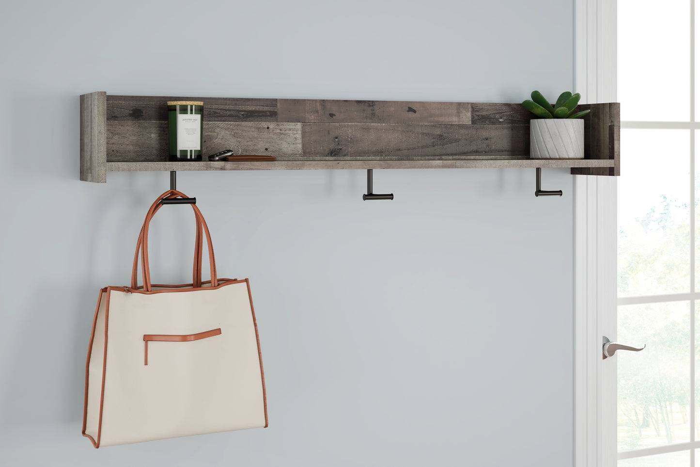Auburndale Furniture Outlet - Ashley Furniture - Neilsville Wall Decor - Wall Mounted Coat Rack w/Shelf / Whitewash - EA2320-151