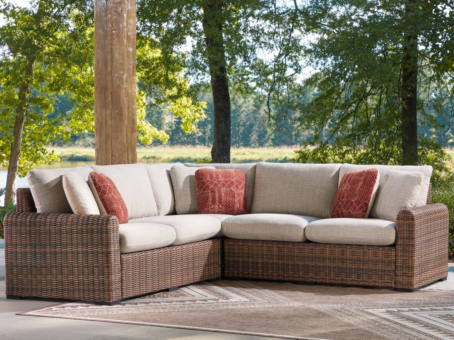 Auburndale Furniture Outlet - Ashley Furniture - Dolan Creek Outdoor - 3-Piece Outdoor Sectional / Beige/Brown - PCP610P1