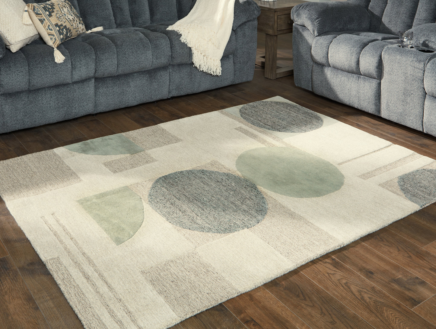 Auburndale Furniture Outlet - Ashley Furniture - Dallane Rug - 5' x 7' Rug / Linen/Blue/Green - R406352