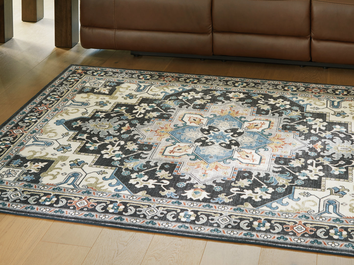 Auburndale Furniture Outlet - Ashley Furniture - Leningston Rug - 8' x 10' Washable Rug / Black/Cream/Blue - R407061