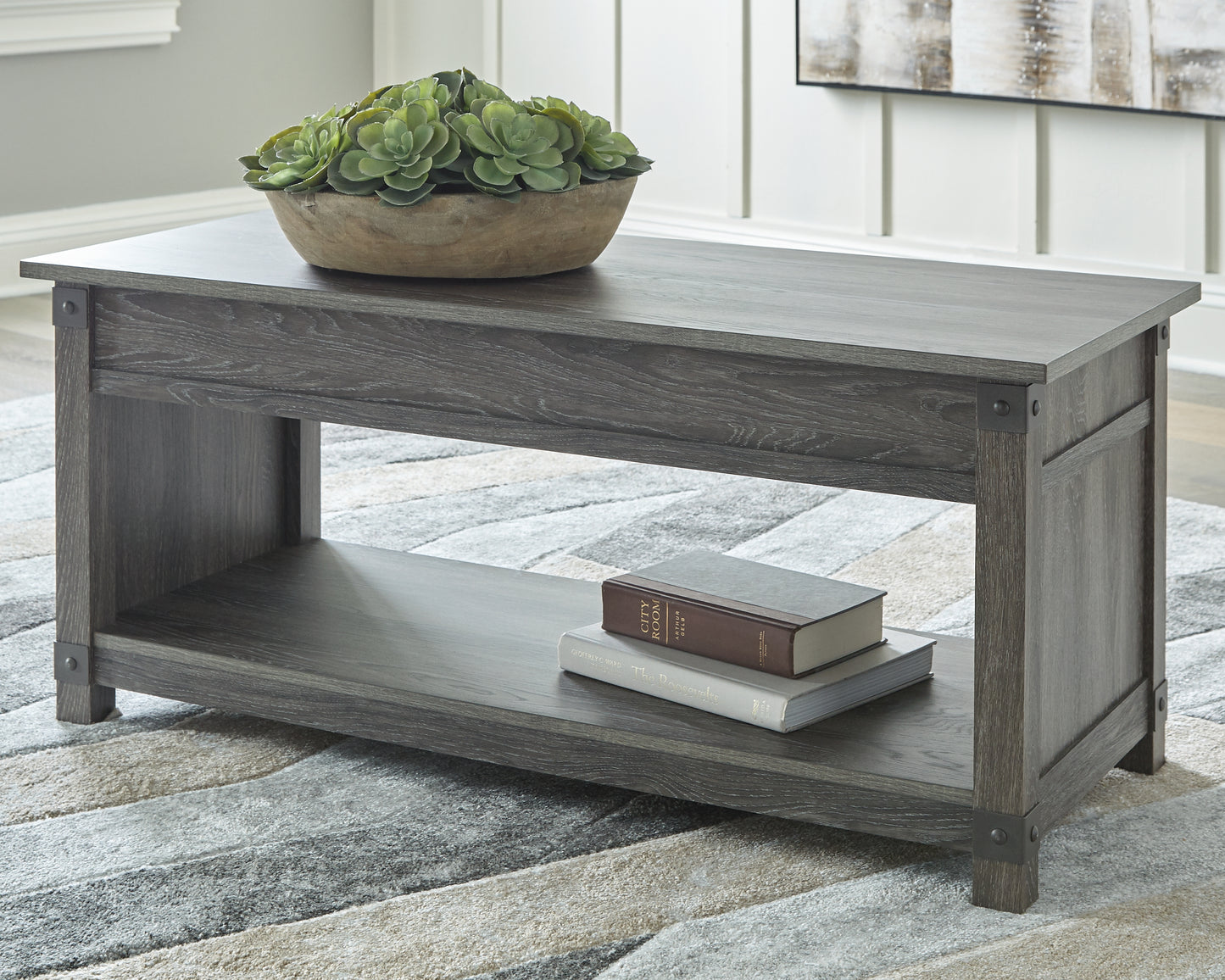 Auburndale Furniture Outlet - Ashley Furniture - Freedan Lift-Top Coffee Table - Rect Lift Top Cocktail Table / Grayish Brown - T175-9
