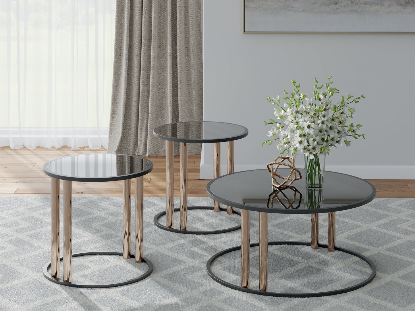 Auburndale Furniture Outlet - Ashley Furniture - Hannerly Table (Set of 3) - Occasional Table Set (3/CN) / Black/Gold Finish - T219-13