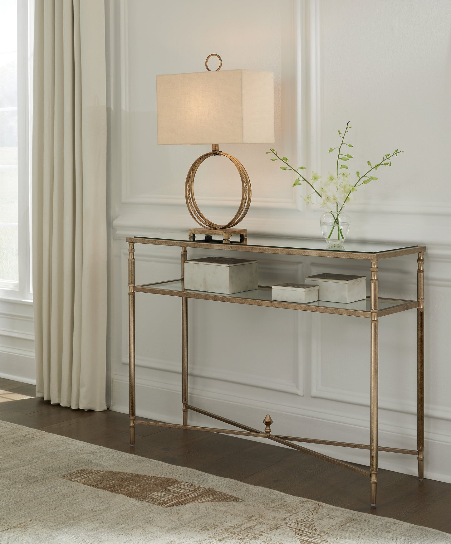 Auburndale Furniture Outlet - Ashley Furniture - Cloverty Sofa Table - Sofa Table / Aged Gold Finish - T440-4