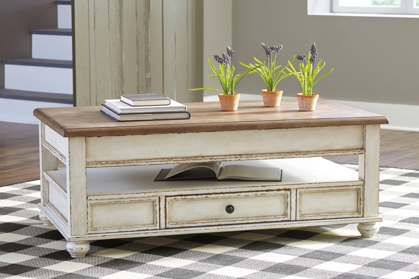 Auburndale Furniture Outlet - Ashley Furniture - Realyn Coffee Table with Lift Top - Lift Top Cocktail Table / White/Brown - T523-9