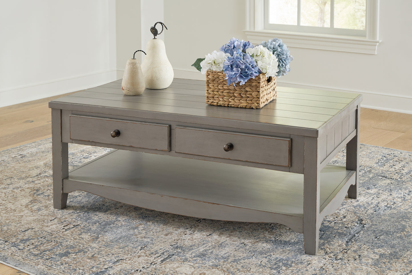 Auburndale Furniture Outlet - Ashley Furniture - Charina Coffee Table - Rectangular Cocktail Table / Antique Gray - T784-1