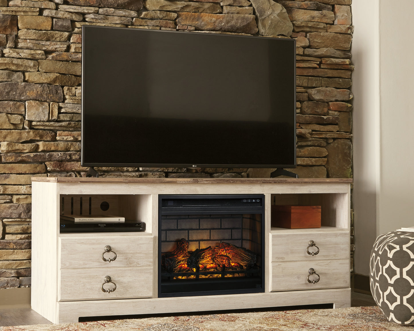 Auburndale Furniture Outlet - Ashley Furniture - Willowton 64" TV Stand with Electric Fireplace - 64" TV Stand with Electric Fireplace / Whitewash - W267W8