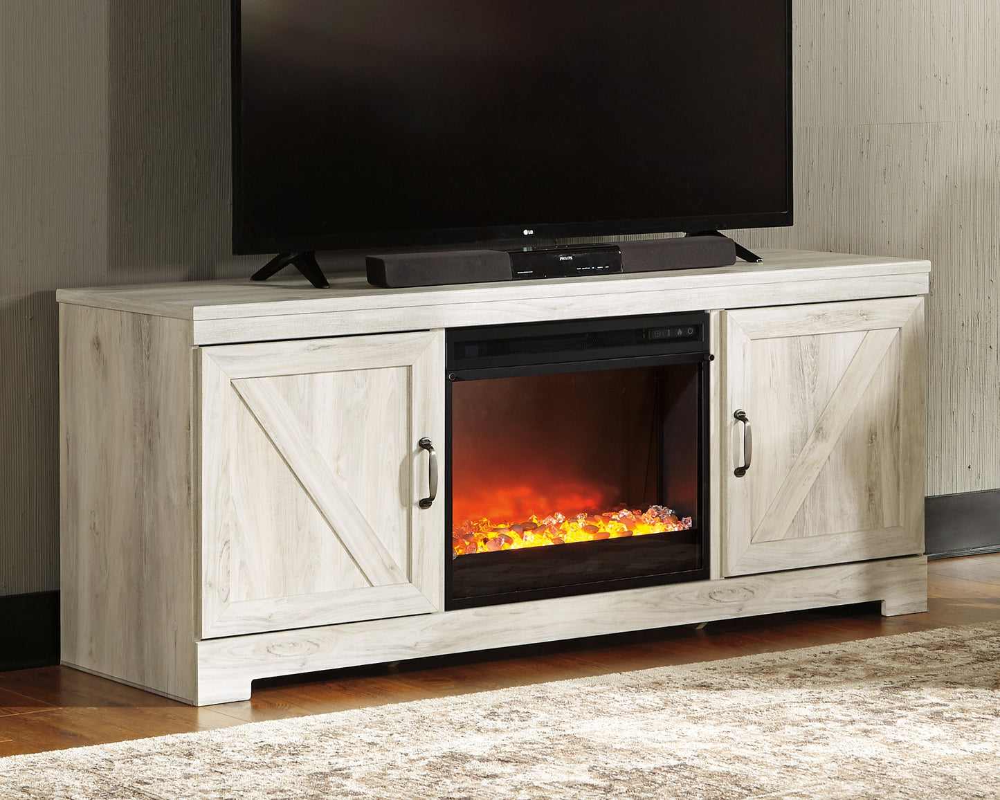 Auburndale Furniture Outlet - Ashley Furniture - Bellaby 63" TV Stand with Fireplace - 63" TV Stand with Fireplace / Whitewash - W331W4