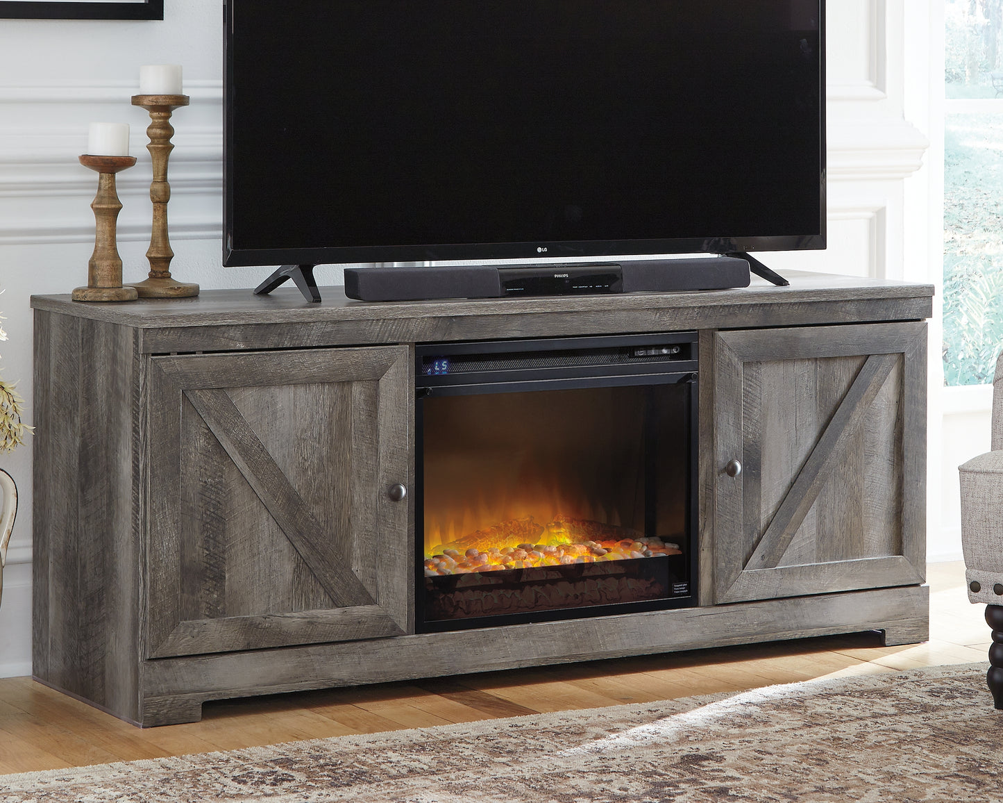 Auburndale Furniture Outlet - Ashley Furniture - Wynnlow 63" TV Stand with Electric Fireplace - 63" TV Stand with Electric Fireplace / Gray - W440W4