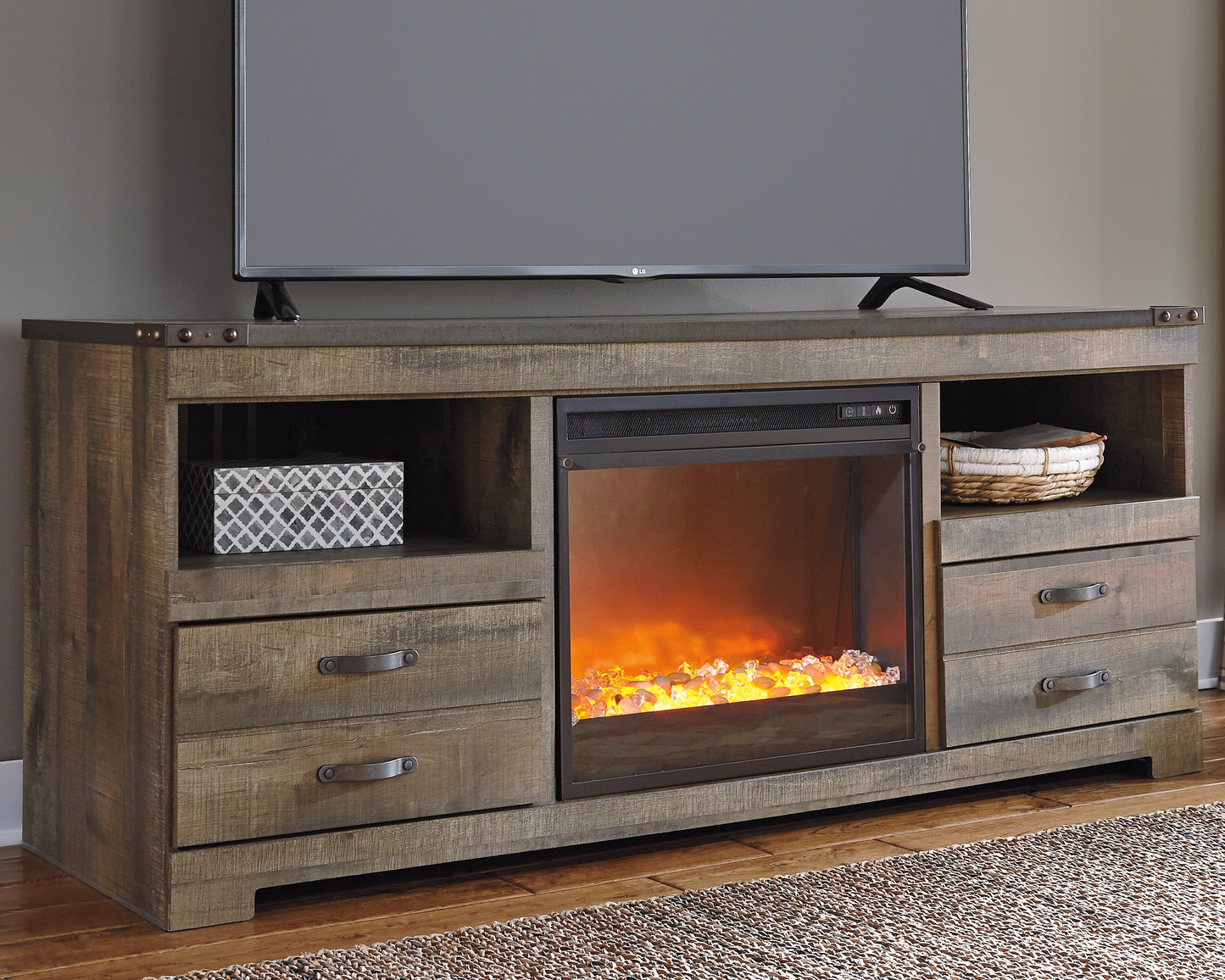 Auburndale Furniture Outlet - Ashley Furniture - Trinell 63" TV Stand with Electric Fireplace - 63" TV Stand with Electric Fireplace / Brown - W446W5