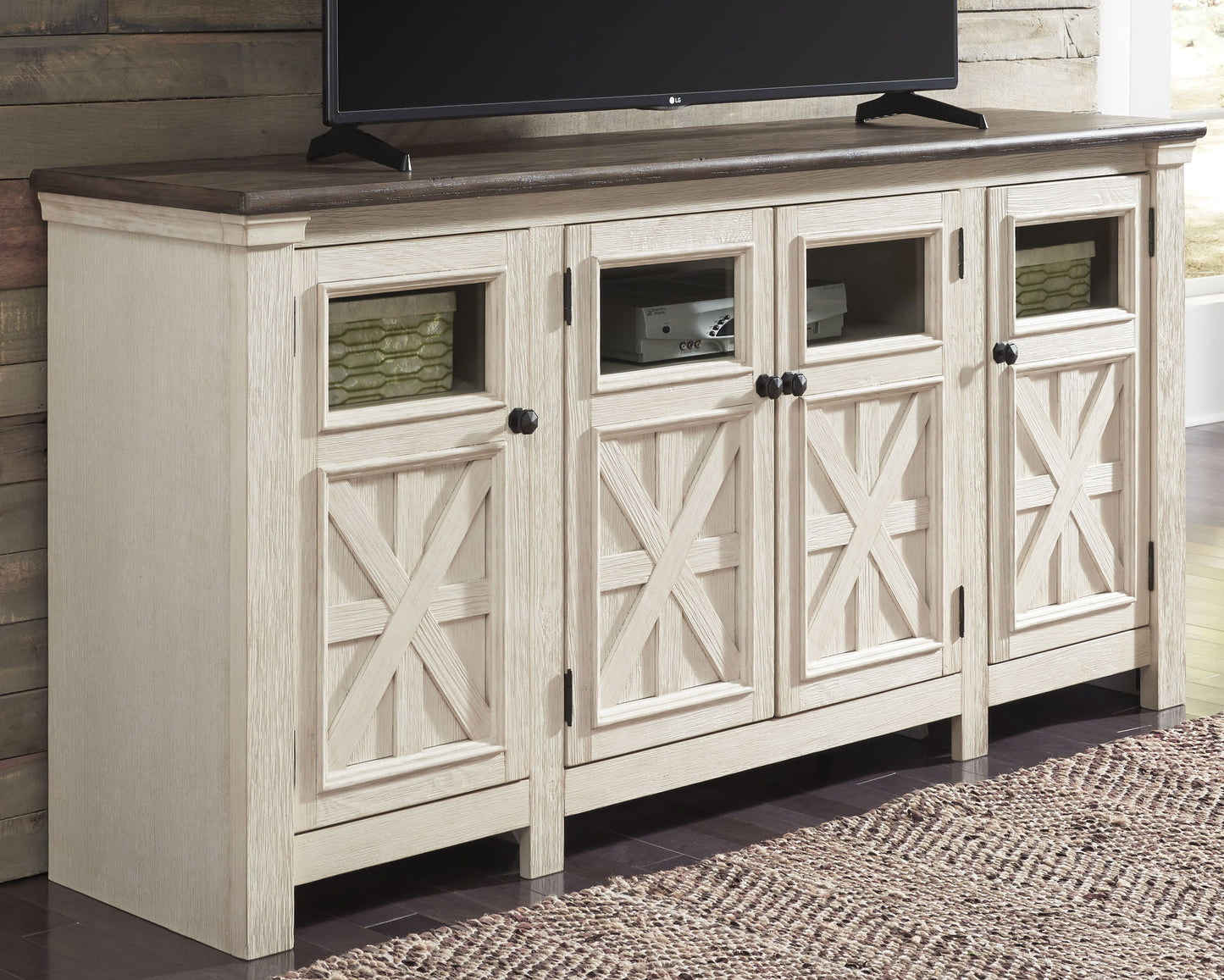 Auburndale Furniture Outlet - Ashley Furniture - Bolanburg 74" TV Stand - 74" / White/Weathered Gray - W647-60