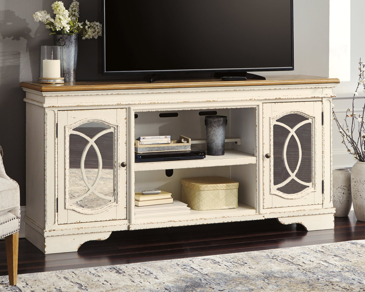 Auburndale Furniture Outlet - Ashley Furniture - Realyn 74" TV Stand - 74" / Chipped White - W743-68