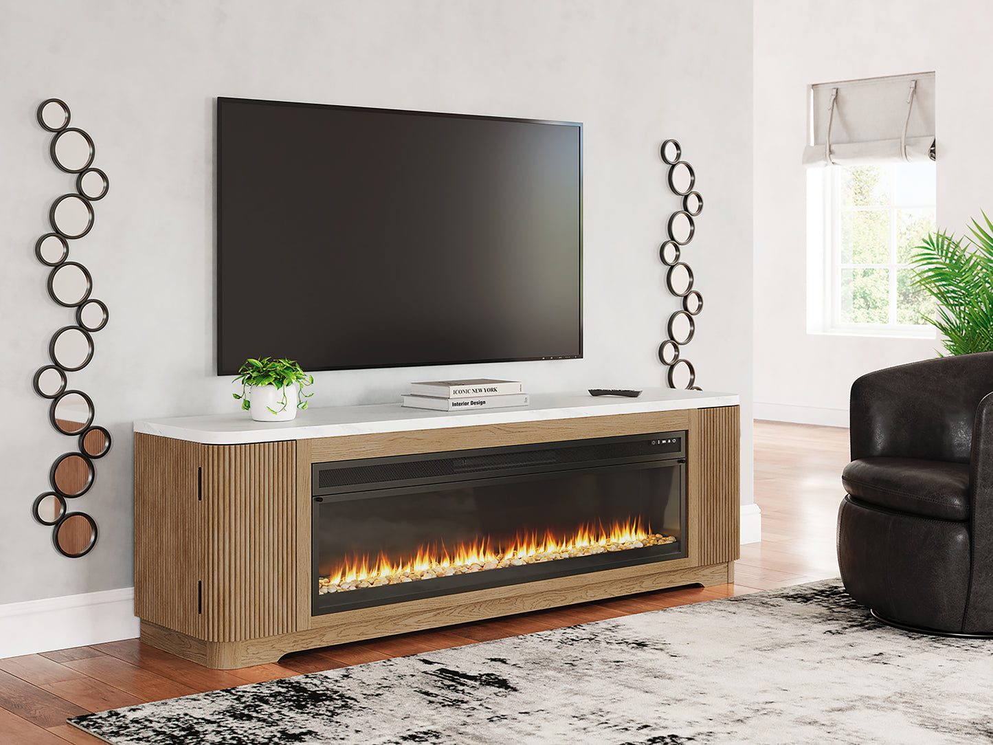 Auburndale Furniture Outlet - Ashley Furniture - Camdill 80" TV Stand with Electric Fireplace - 80" TV Stand with Electric Fireplace / Light Brown - W808W1