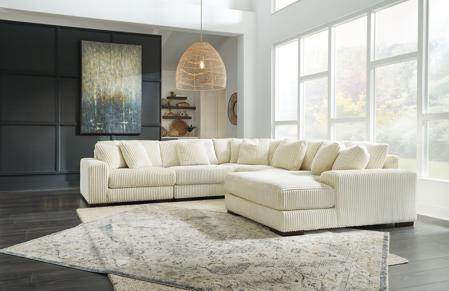 Auburndale Furniture Outlet - Ashley Furniture - Lindyn Sectional - RAF 5-Piece Sectional with Chaise / Ivory - 21104S7