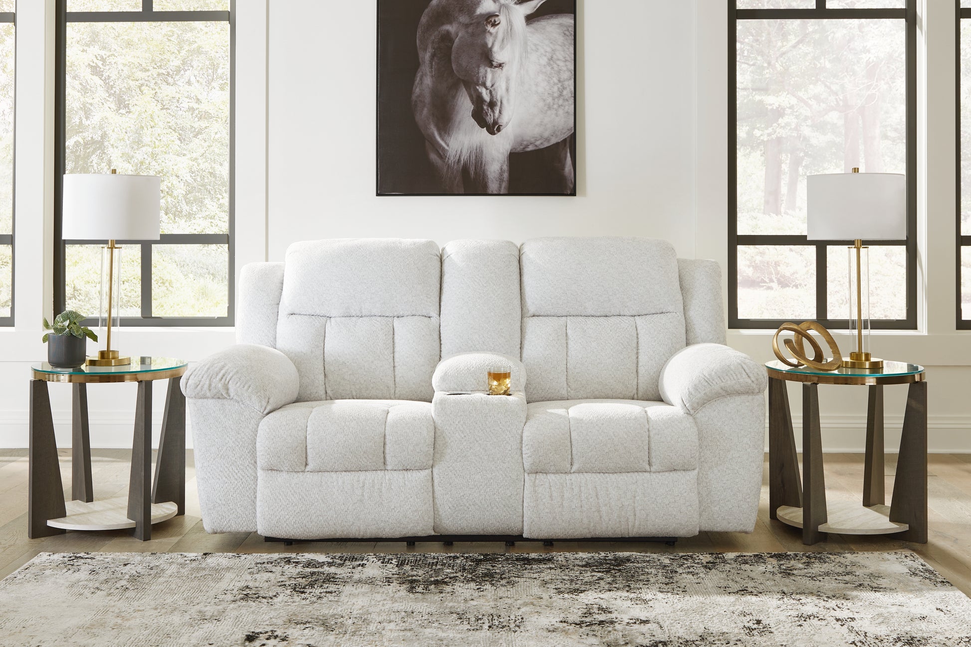 Auburndale Furniture Outlet - Ashley Furniture - Frohn Living Room - DBL Rec Loveseat w/Console / Snow - 3740594