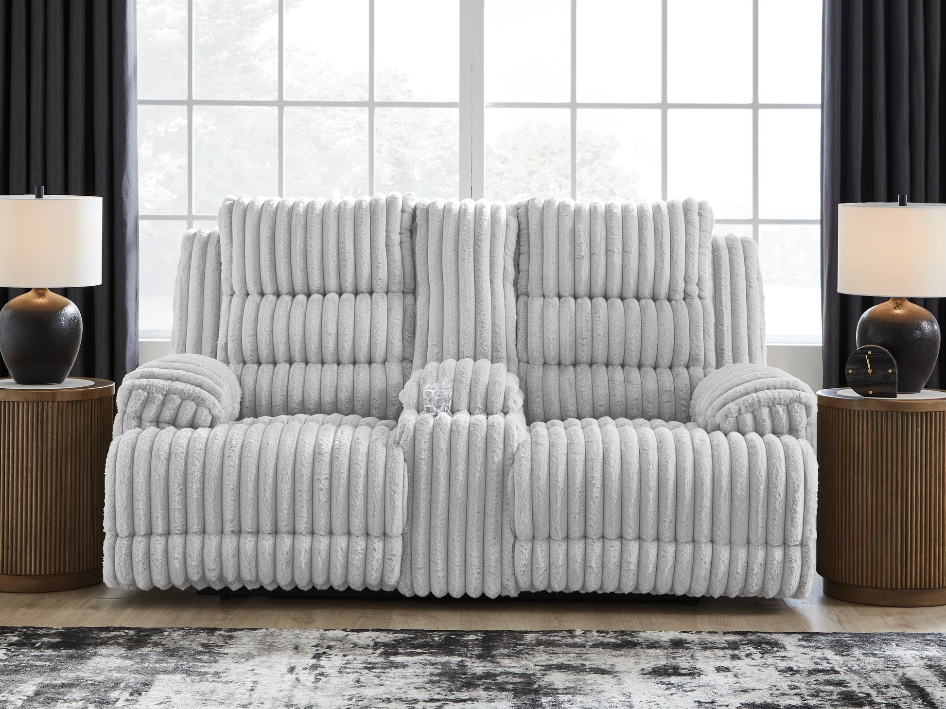 Auburndale Furniture Outlet - Ashley Furniture - Rhines Falls Living Room - REC PWR Sofa w/Drop Down Table / Alloy - PC4280499