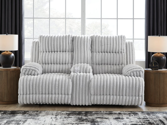 Auburndale Furniture Outlet - Ashley Furniture - Rhines Falls Living Room - REC PWR Sofa w/Drop Down Table / Alloy - PC4280499