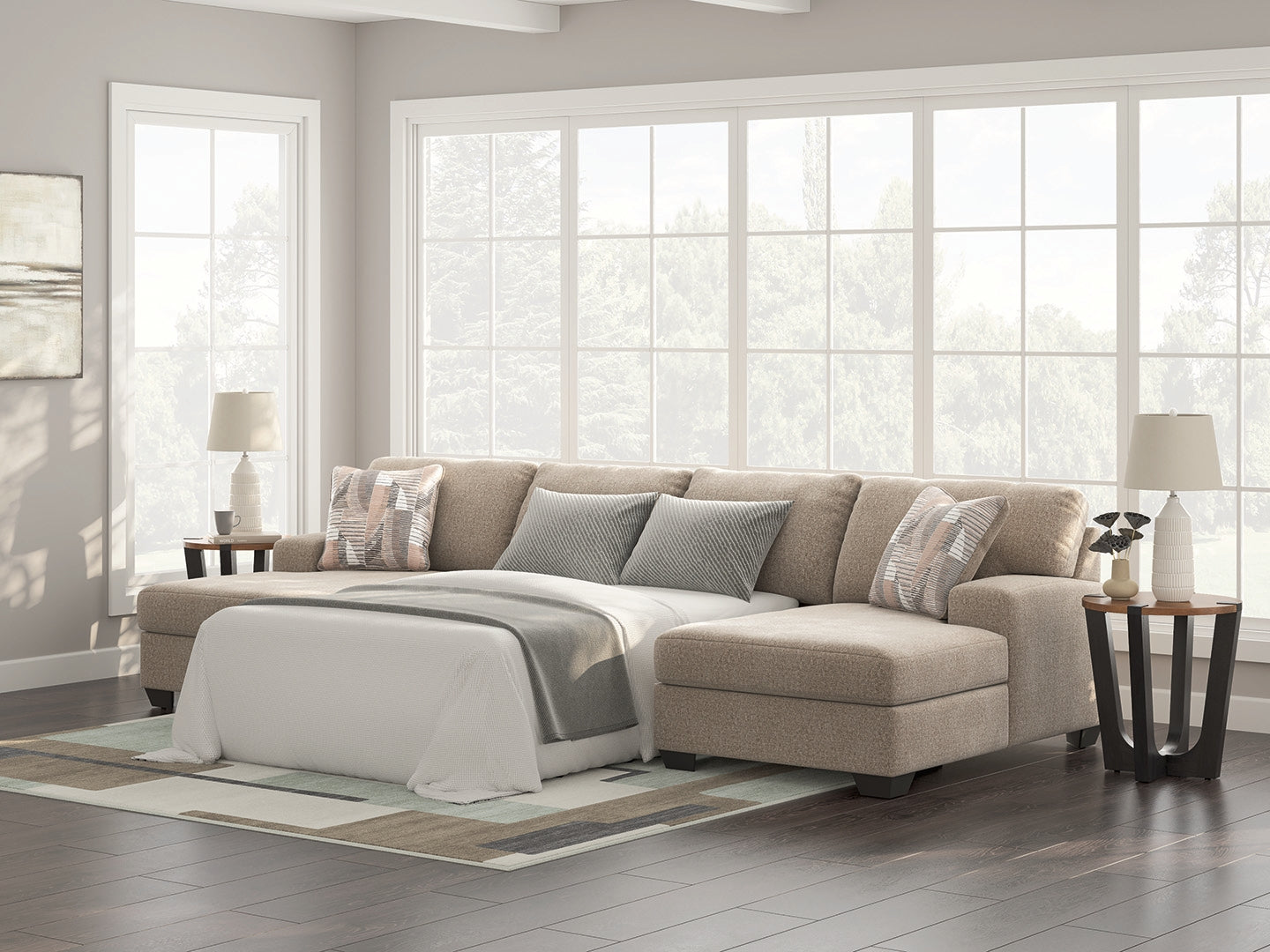 Auburndale Furniture Outlet - Ashley Furniture - Newellen Sectional - RAF 3-Piece Sleeper Sectional with Double Chaise / Hemp - 48404S7