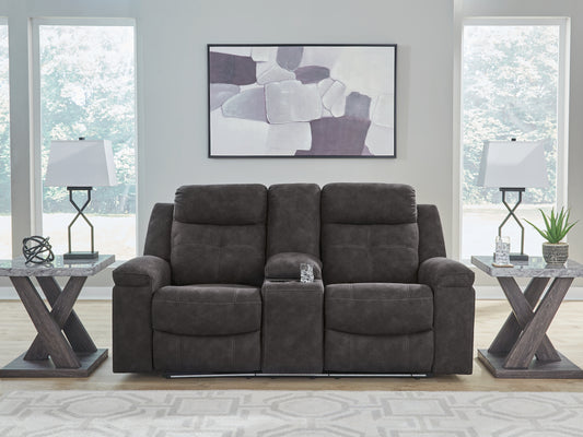 Auburndale Furniture Outlet - Ashley Furniture - Brysonview Living Room - DBL Rec Loveseat w/Console / Charcoal - 6360594