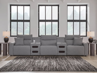 Auburndale Furniture Outlet - Ashley Furniture - ModMax II Sectional - 5-Piece Power Reclining Sectional with Audio Consoles / Salt and Pepper - 65906S13
