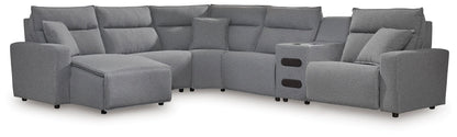 Auburndale Furniture Outlet - Ashley Furniture - ModMax II Sectional - 6-Piece Reclining Sectional with Chaise and Audio Console / Salt and Pepper - 65906S29