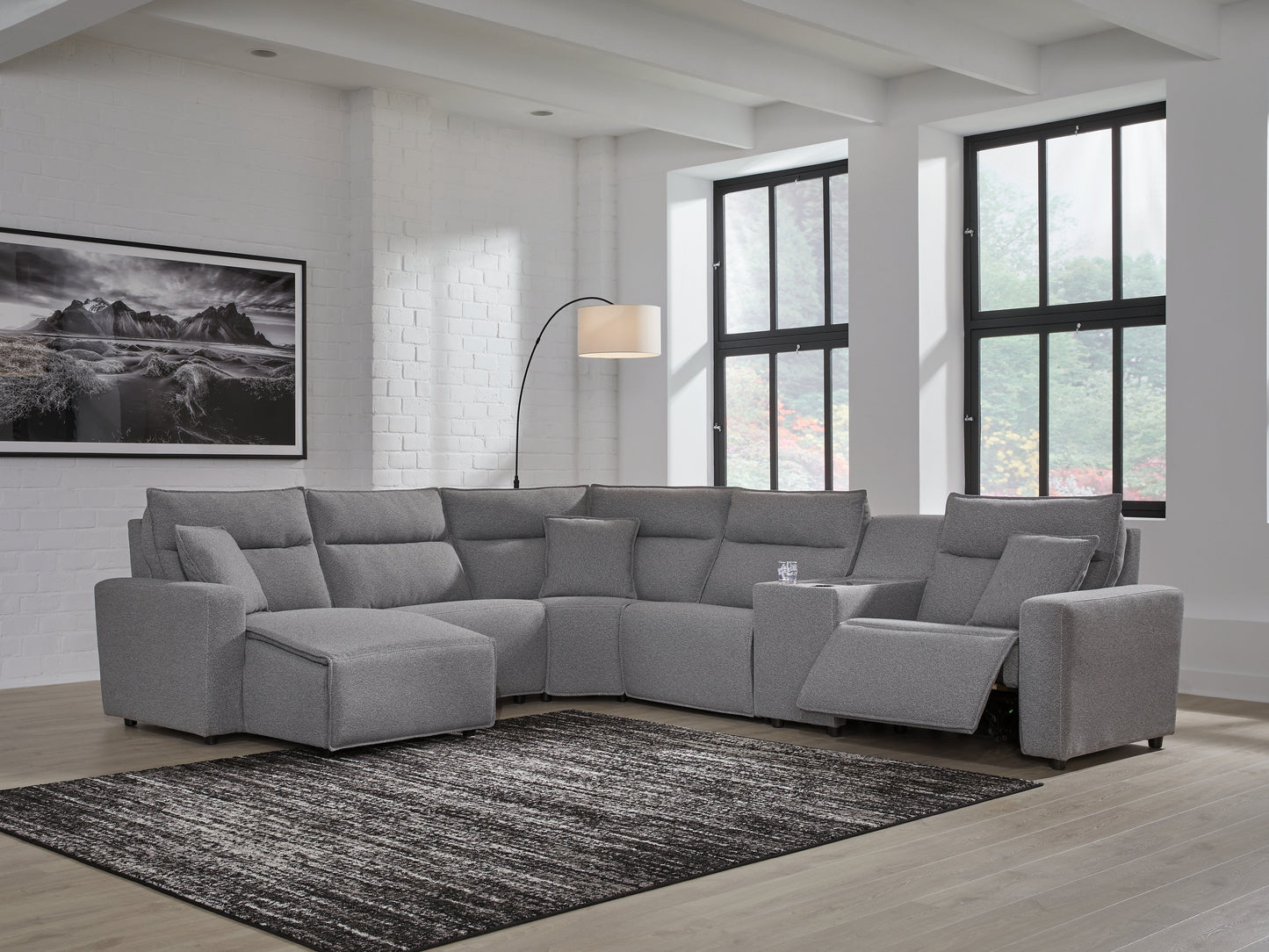 Auburndale Furniture Outlet - Ashley Furniture - ModMax II Sectional - 6-Piece Power Reclining Sectional with Chaise and Console / Salt and Pepper - 65906S19