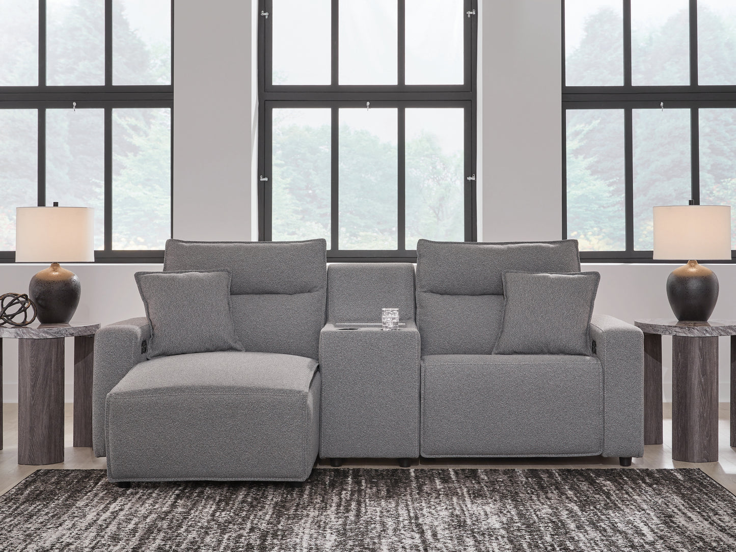 Auburndale Furniture Outlet - Ashley Furniture - ModMax II Sectional - 3-Piece Power Reclining Sectional with Chaise and Console / Salt and Pepper - 65906S17