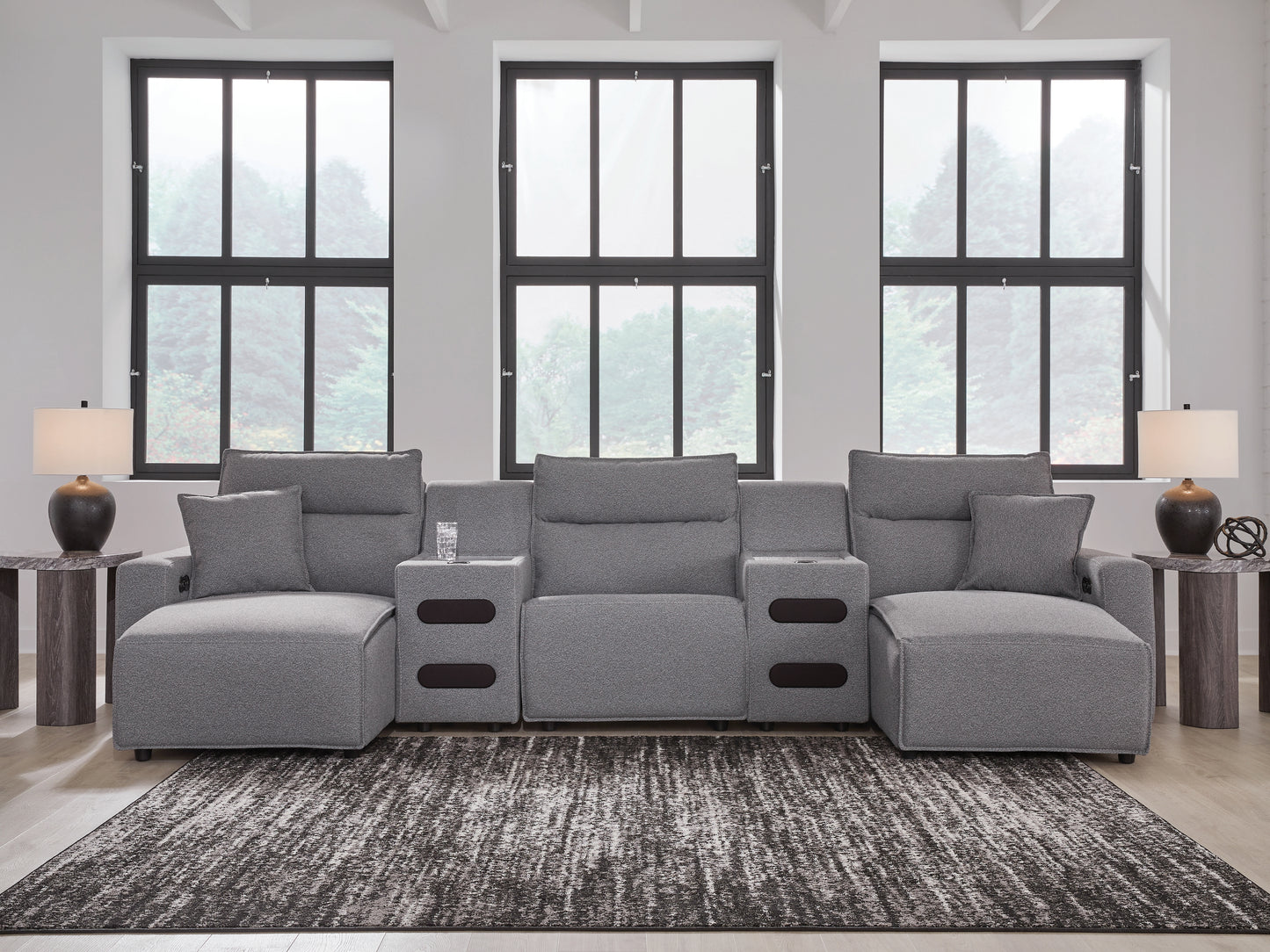 Auburndale Furniture Outlet - Ashley Furniture - ModMax II Sectional - 5-Piece Power Reclining Sectional with Chaise and Audio Consoles / Salt and Pepper - 65906S15