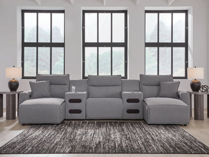 Auburndale Furniture Outlet - Ashley Furniture - ModMax II Sectional - 5-Piece Power Reclining Sectional with Chaise and Audio Consoles / Salt and Pepper - 65906S15