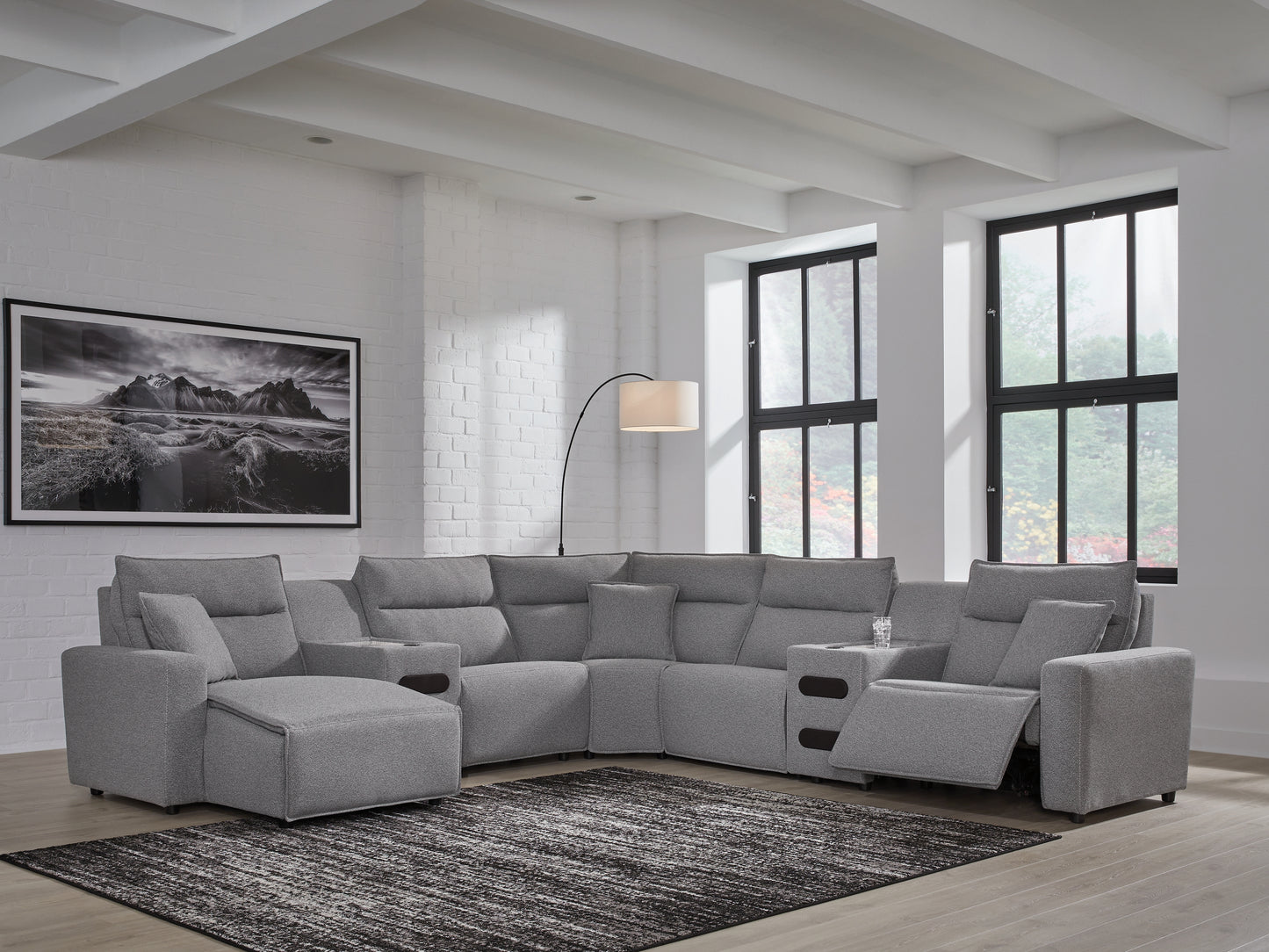 Auburndale Furniture Outlet - Ashley Furniture - ModMax II Sectional - 7-Piece Power Reclining Sectional with Chaise and Audio Consoles / Salt and Pepper - 65906S20