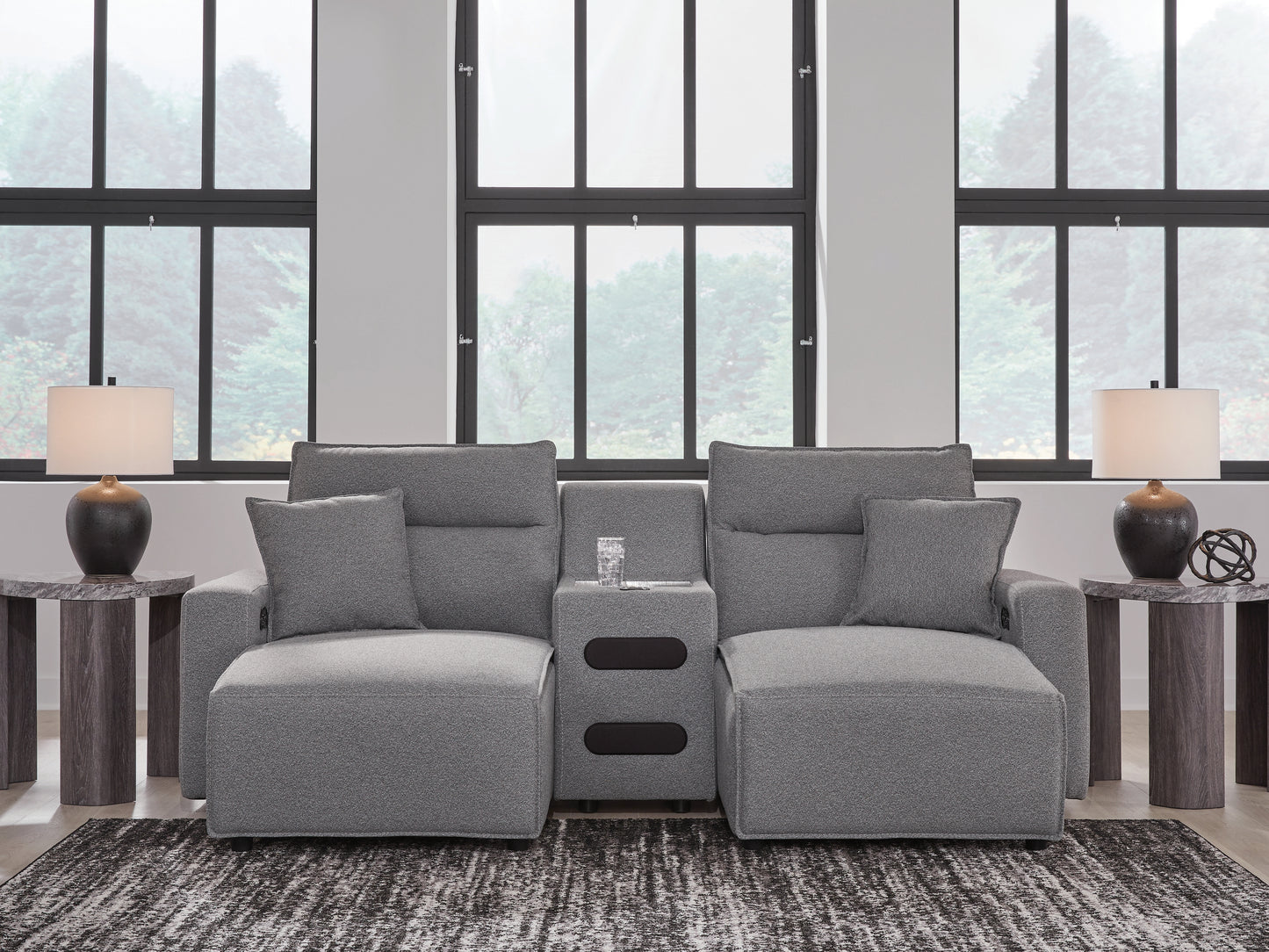 Auburndale Furniture Outlet - Ashley Furniture - ModMax II Sectional - 3-Piece Power Reclining Sectional with Chaise and Audio Console / Salt and Pepper - 65906S12